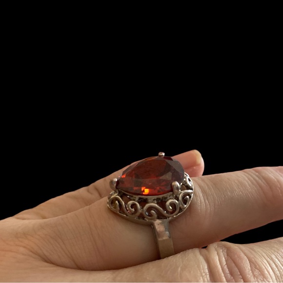 Garnet Amber Red Cz Silver Pear Shape Dinner Cocktail Ring Women’s Jewelry - Picture 3 of 12